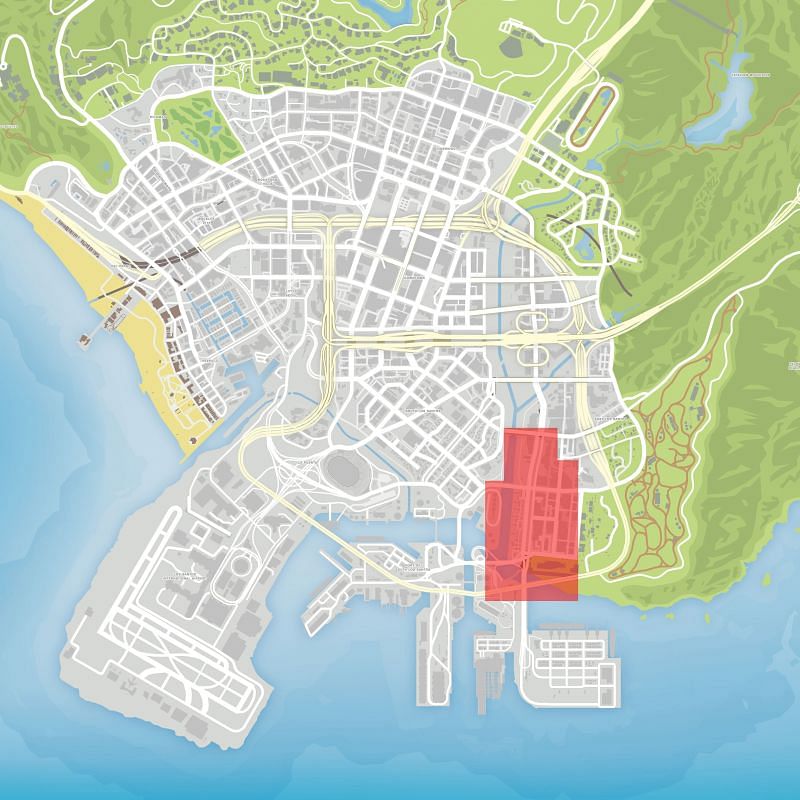 Location of Cypress Flats in Los Santos highlighted in red (Image via GTA Wiki)