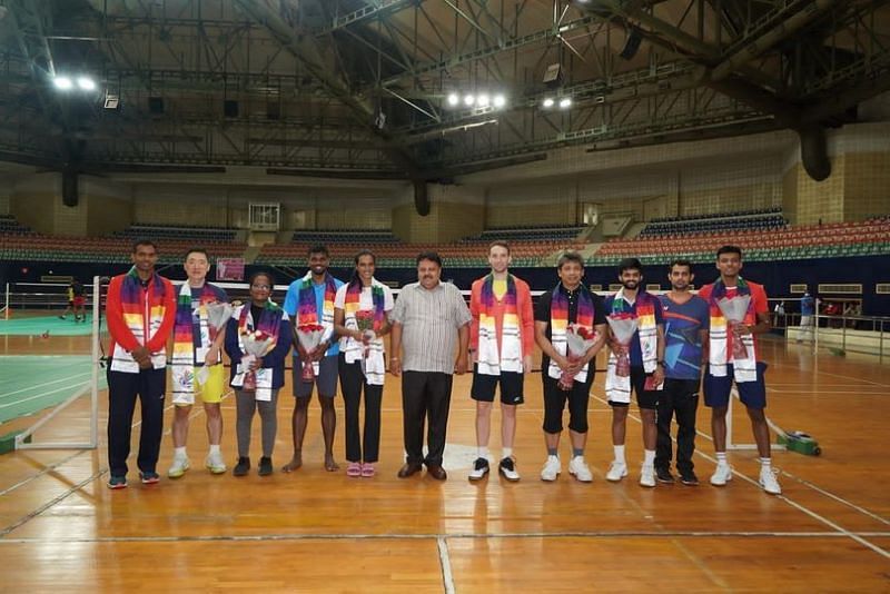 The nine-member Indian badminton team with Ajay Kumar Singhania and Pullela Gopichand