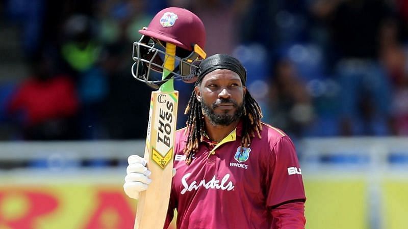 Chris Gayle with &#039;The Boss&#039; sticker bat