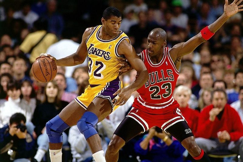 Magic Johnson (left) vs Michael Jordan in the 1991 NBA Finals [Photo by Andrew D. Bernstein / NBAE via Getty Images].