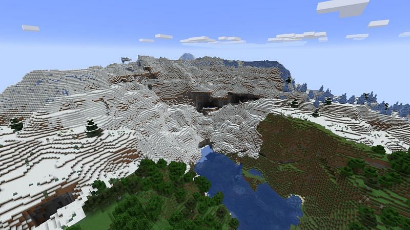 A screenshot of snowy peaks biome taken in the experimental snapshot 2 (Image via Minecraft)
