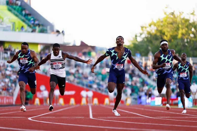 Ronnie Baker, Trayvon Bromell, and Fred Kerley cross the finish line in the Men&#039;s 100 Meter Final on day three of the 2020 U.S. Olympic Track &amp; Field Team Trials at Hayward Field on June 20, 2021 in Eugene, Oregon. (Photo by Steph Chambers/Getty Images)