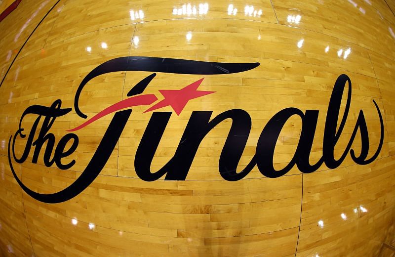 The NBA Finals logo is seen on the court before Game Seven of the 2013 NBA Finals.
