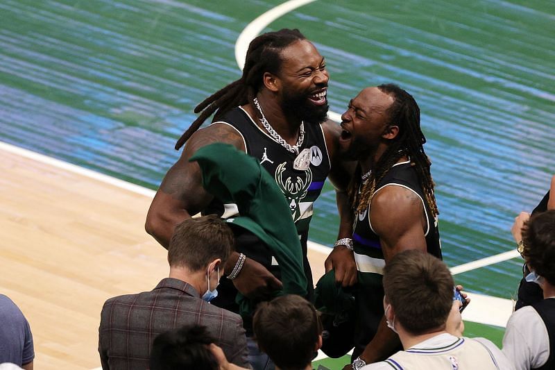 Za&#039;Darius Smith and Aaron Jones at Brooklyn Nets v Milwaukee Bucks - Game Three