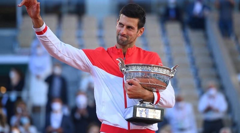 Novak Djokovic with his 2021 Roland Garros title.