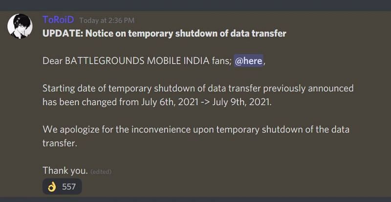 The date of data transfer has been changed to July 9th (Image via Discord server of BGMI)