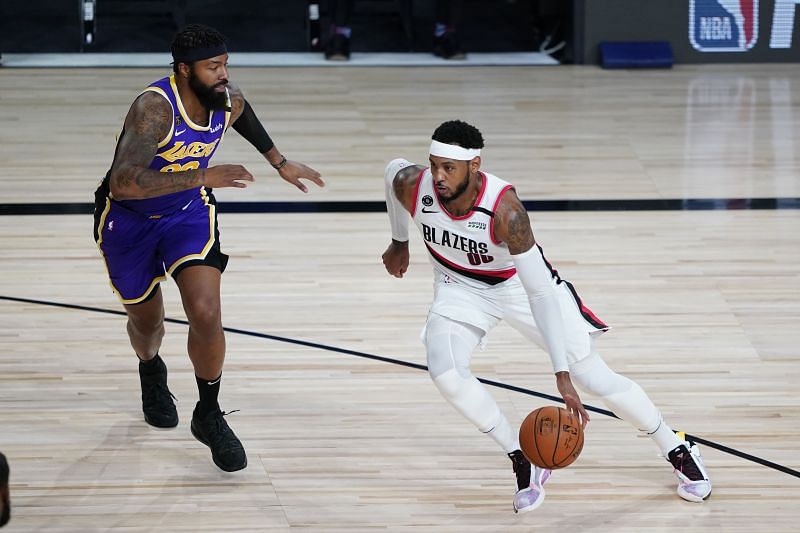 Carmelo Anthony (right) in action against the LA Lakers during the 2020 NBA Playoffs.