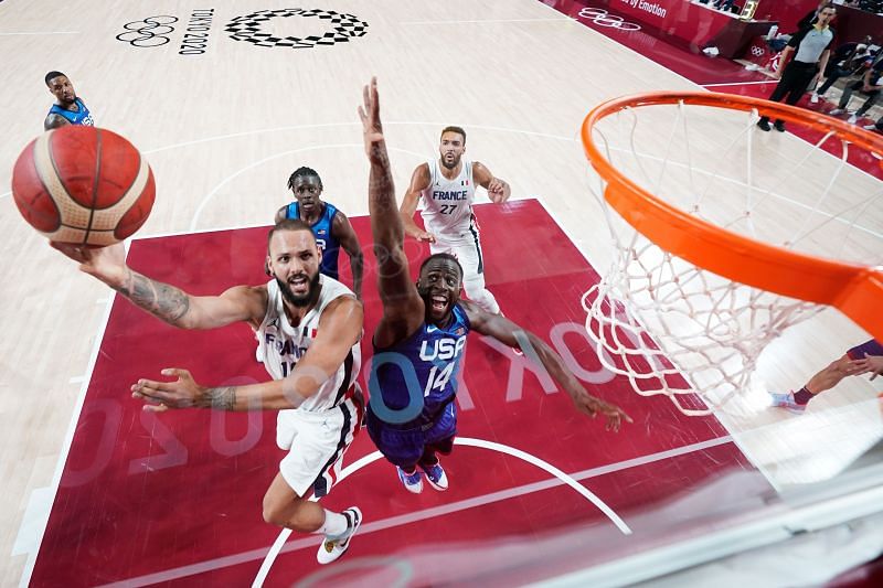 France in action during the 2021 men&#039;s Olympics Basketball tournament
