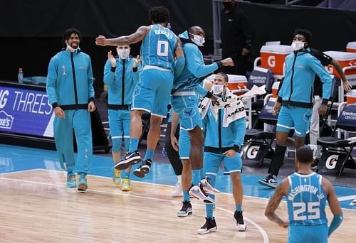 Charlotte Hornets celebrate a victory over OKC Thunder