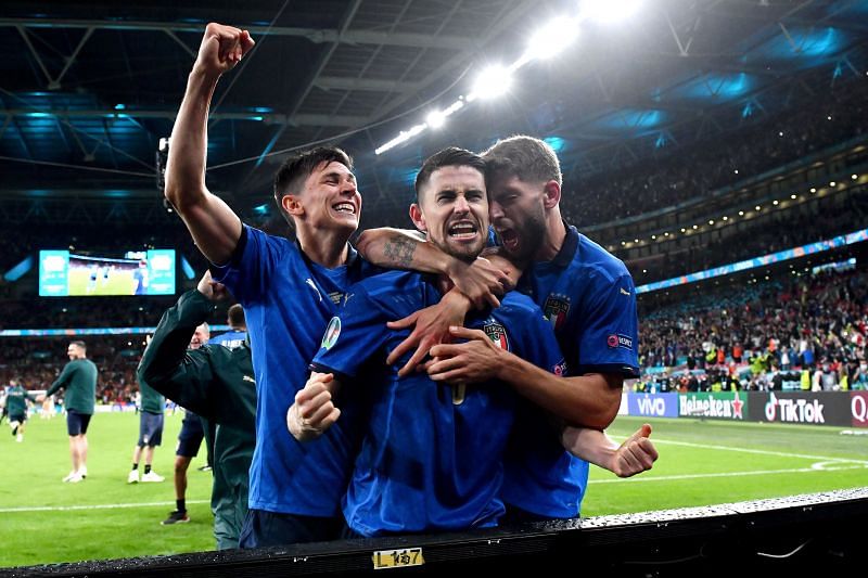 Jorginho celebrates scoring the winning penalty for Italy.