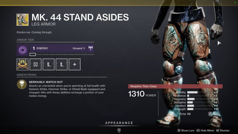 Destiny 2 Titan exotic leg armor (Image source Destiny 2 the game)