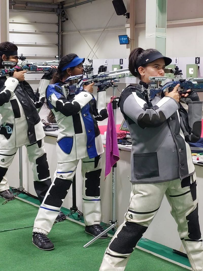 World No. 2 Divyansh Panwar (far left, 10m air rifle)