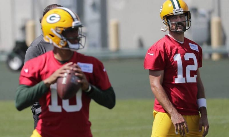 Packers&#039; QBs Aaron Rodgers (right) and Jordan Love practising during the 2020 off-season.