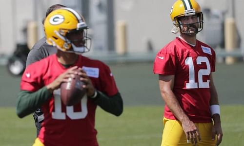 Packers' QBs Aaron Rodgers (right) and Jordan Love practising during the 2020 off-season.