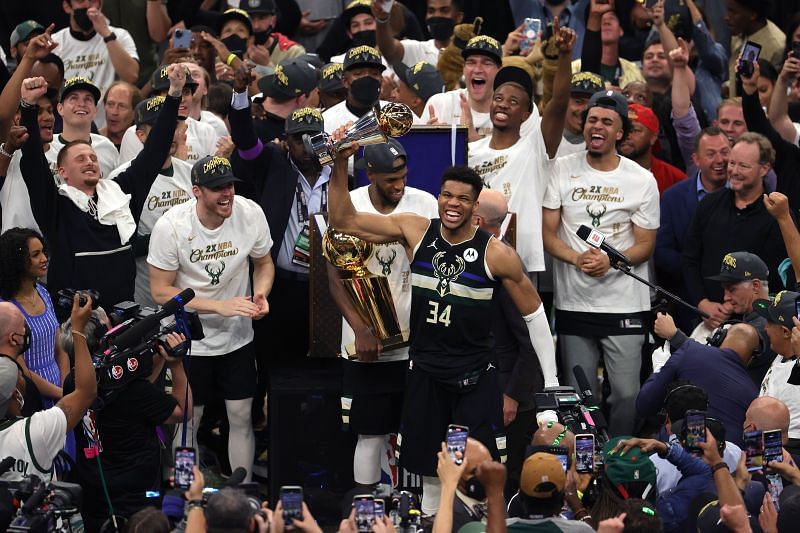 Giannis Antetokounmpo exults after winning the NBA championship
