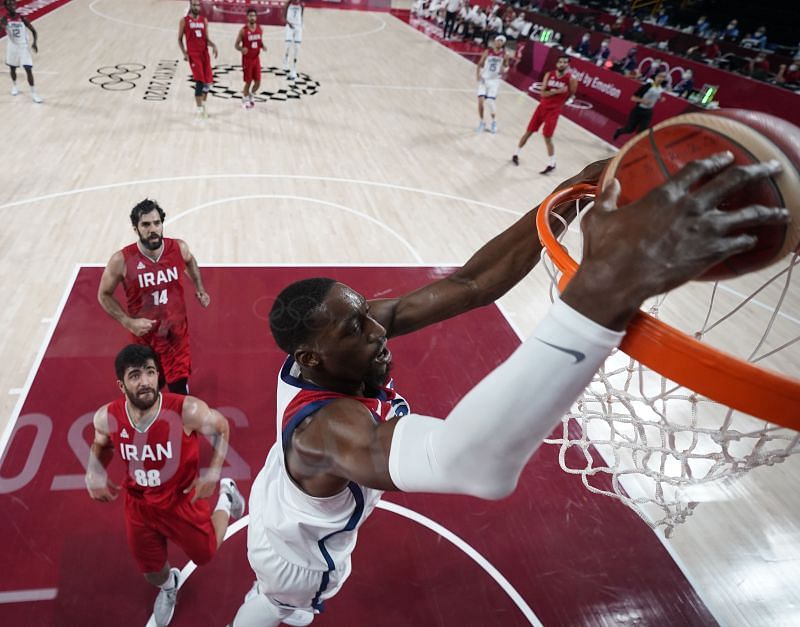 Bam Adebayo (#13) of Team United States dunks against Islamic Republic of Iran.