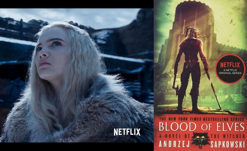 Ciri in the teaser, and &quot;Blood of Elves&quot; Book cover. (Image via: Netflix, Orbit Publications, CDPR)