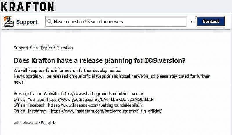 Krafton&#039;s answer regarding the date of release of the iOS version of BGMI