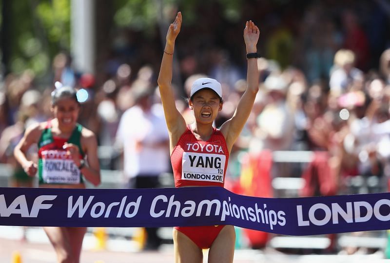 Yang Jiayu celebrates after winning the women&#039;s 20km walk at the 16th IAAF World Athletics Championships London