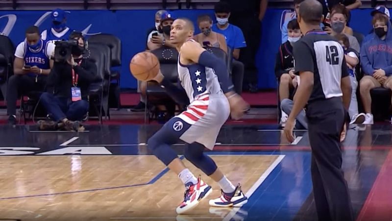 Russell Westbrook steps out of bounds during a playoff game.