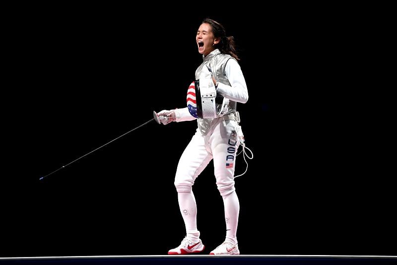 Lee Kiefer of Team United States celebrates winning the Women&#039;s Foil Individual Fencing Gold Medal Bout 