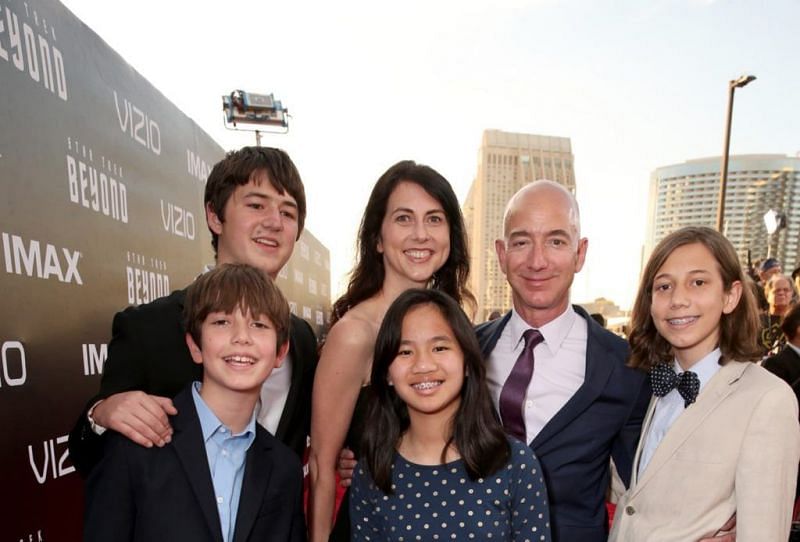 Jeff Bezos with his ex-wife and children (image via Getty Images)