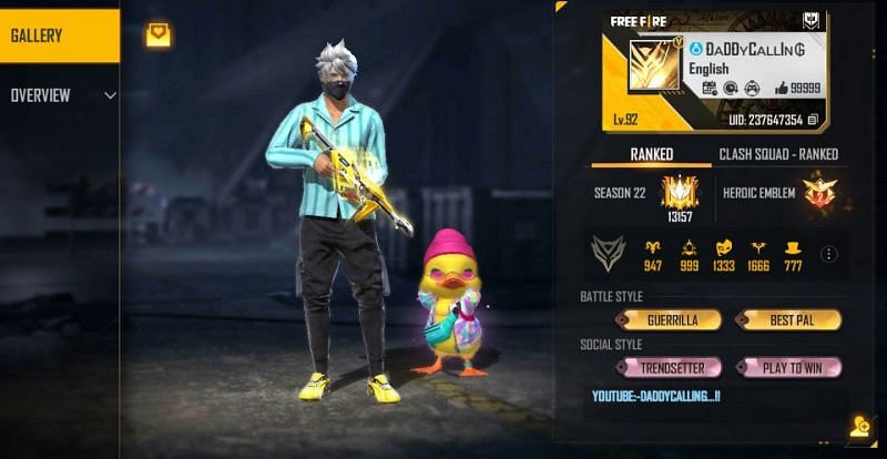 Daddy Calling&#039;s Free Fire ID number is 237647354 (Image via Free Fire)
