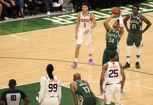 Giannis Antetokounmpo #34 takes a free throw during the second half of the NBA Finals Game 3