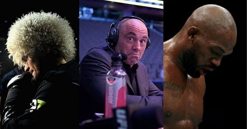 Khabib Nurmagomedov (left), Joe Rogan (center), and Jon Jones (right)