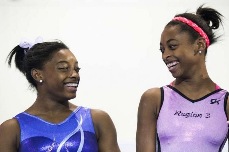 Simone Biles, left and her younger sister Adria, right