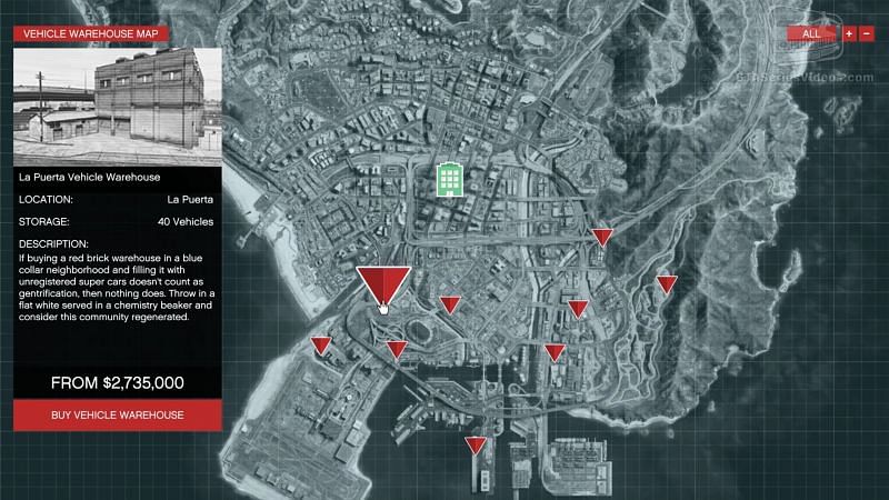 The location of the Warehouse on the map (Image via GTA Wiki)
