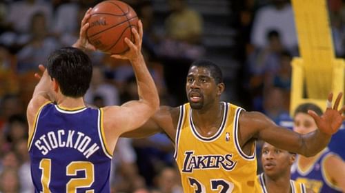 Magic Johnson guarding John Stockton.