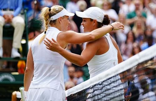 Angelique Kerber and Ashleigh Barty at the net