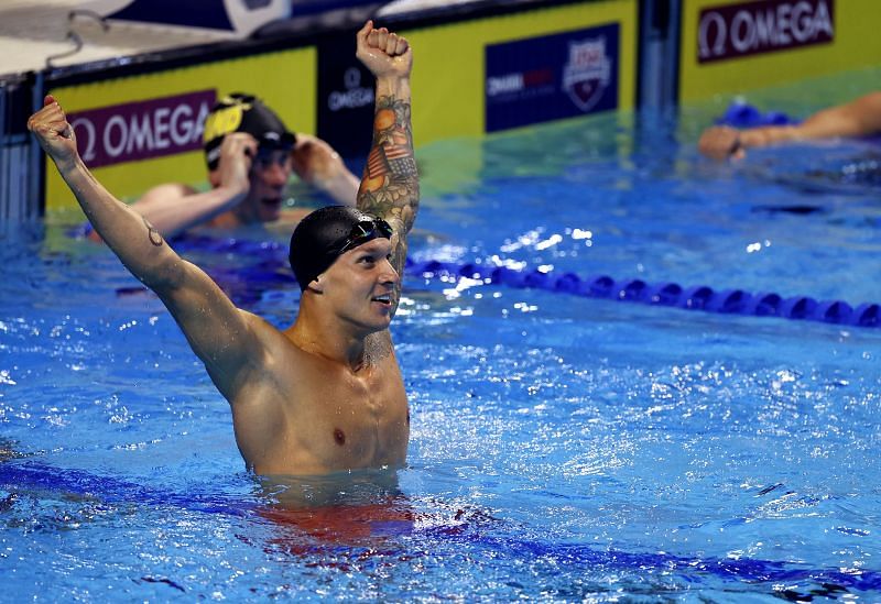 Caeleb Dressel of the United States reacts after setting an American Record in the Men&#039;s 50m freestyle final during Day Eight of the 2021 U.S. Olympic Team Swimming Trials 2021 US Swimming Olympic Trials