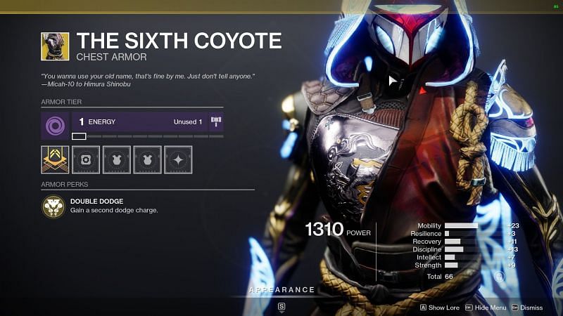 Destiny 2 exotic armor The Sixth Coyote (image source via Destiny 2 the game)