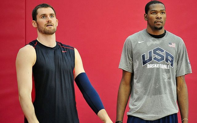 Kevin Love and Kevin Durant representing Team USA in the Olympics