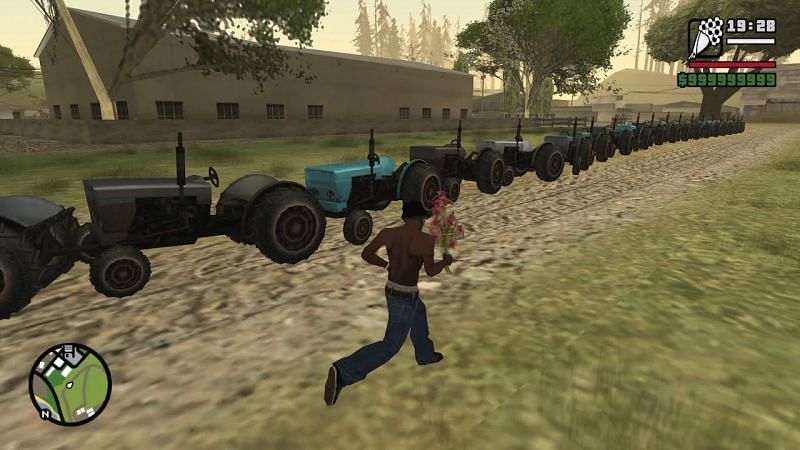Tractors can tow in GTA San Andreas, which can lead to some fun results (Image via pencilmugmouse)