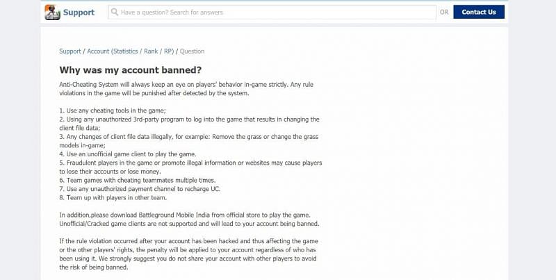 BGMI oyuncularının yasaklanmasının nedenleri.  (Battlegrounds Mobile India resmi sitesi aracılığıyla görüntü, Krafton Destek Sayfası)