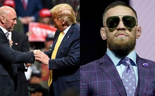 Dana White (left); Donald Trump (center) and Conor McGregor (right)