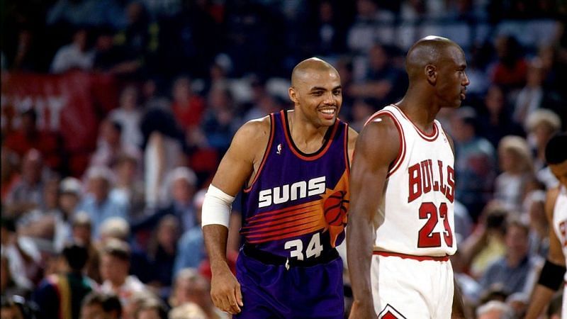 Charles Barkley laughs in Michael Jordan&#039;s direction [Photo by NBAE/Getty Images]