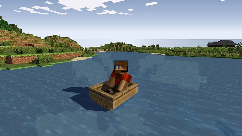 A player peacefully driving a boat along a lakeshore (Image via Minecraft.fandom)