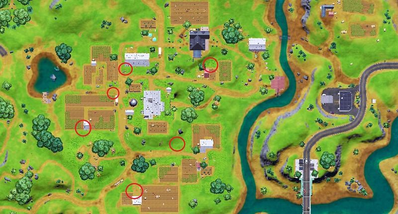 Overview map of all locations for &quot;Cow Decoys&quot; at Corny Complex (Image via Fortnite.GG)