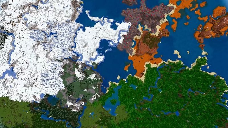 Multiple different biomes in one frame (Image via Minecraft &amp; Chill on YouTube)