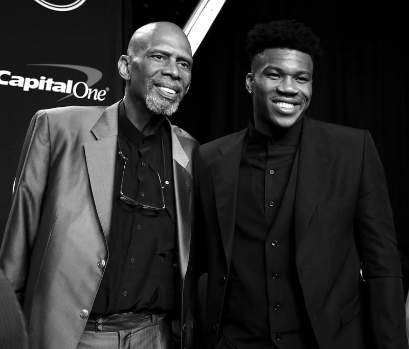 Milwaukee Bucks legend Kareem Abdul-Jabbar with Giannis Antetokounmpo