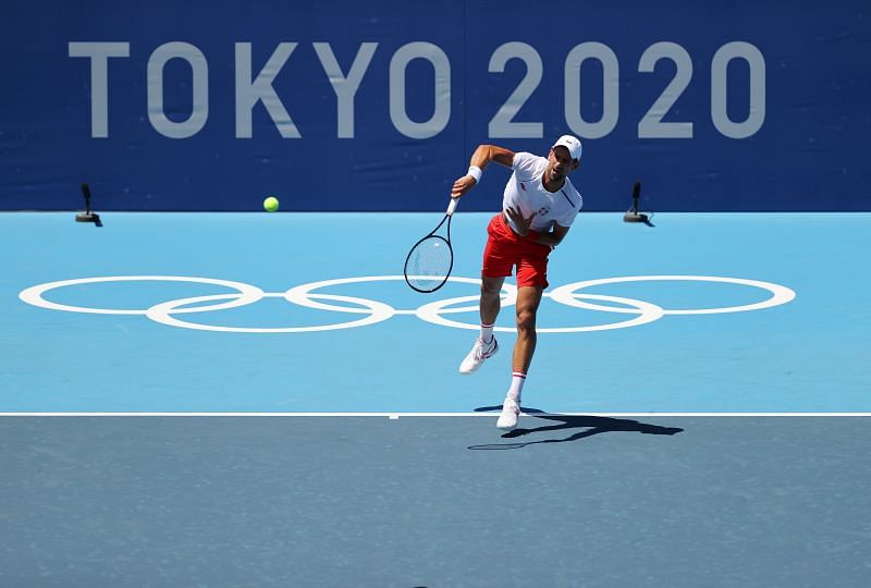 Novak Djokovic serves during the practice session ahead of the Tokyo 2020 Olympic Games at Ariake Tennis Park in Tokyo, Japan