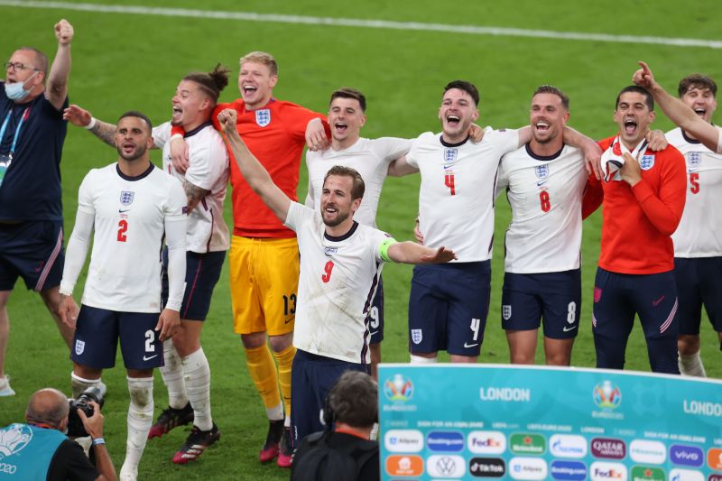 England players jubilate after winning their UEFA Euro 2020 semi-final against Denmark.