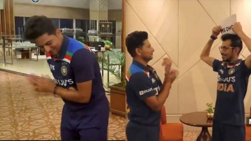 Kuldeep Yadav&#039;s (L) hilarious game of charades with Yuzvendra Chahal