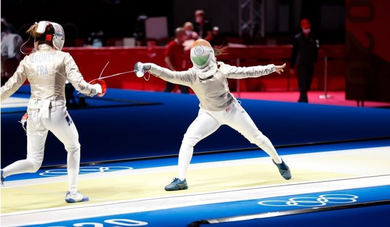 CA Bhavani Devi in her first round match at the Tokyo Olympics