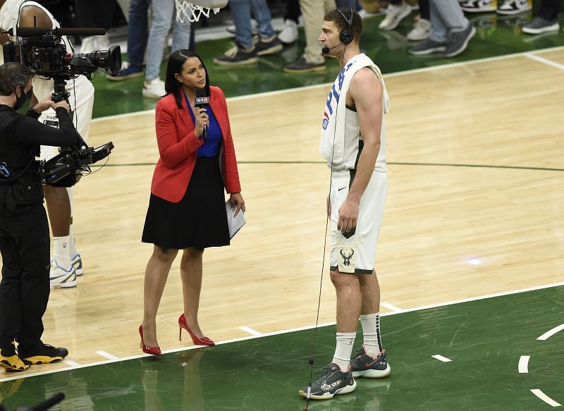 Brook Lopez #11 of the Milwaukee Bucks talks during an interview following the team&#039;s win against the Atlanta Hawks
