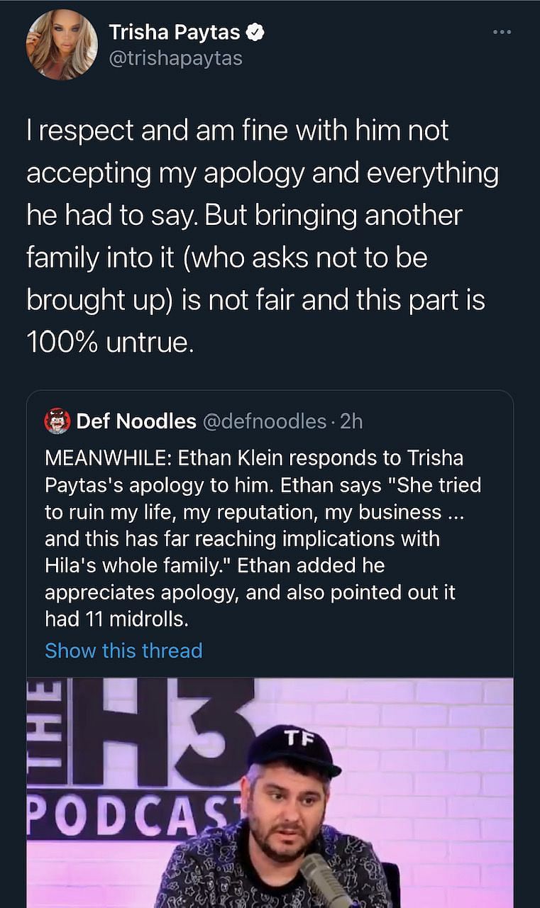 Trisha Paytas claims Ethan Klein lied, then quickly deletes tweet after (Image via Twitter)